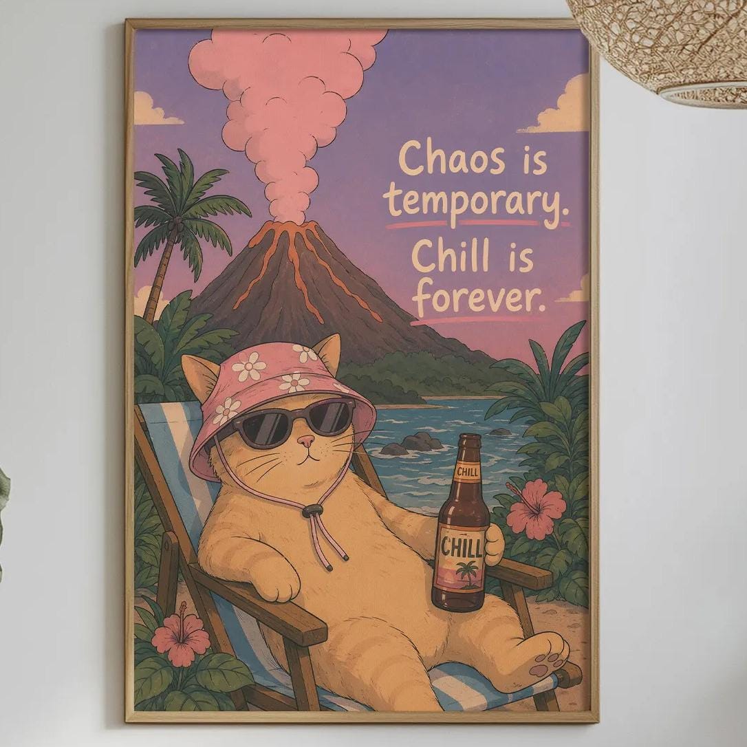 a framed illustration of a cat wearing sunglasses and a hat, sitting in a chair and holding a bottle of beer, with a tropical landscape in the background. The text above the illustration says "Chaos is temporary. Chill is forever."