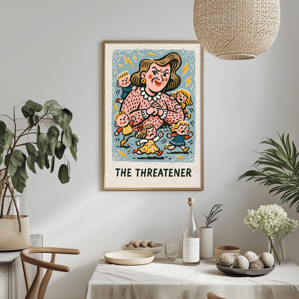 a framed illustration of a woman with a large, expressive face, surrounded by various cartoon-like figures, with the text "THE THREATENER" prominently displayed.