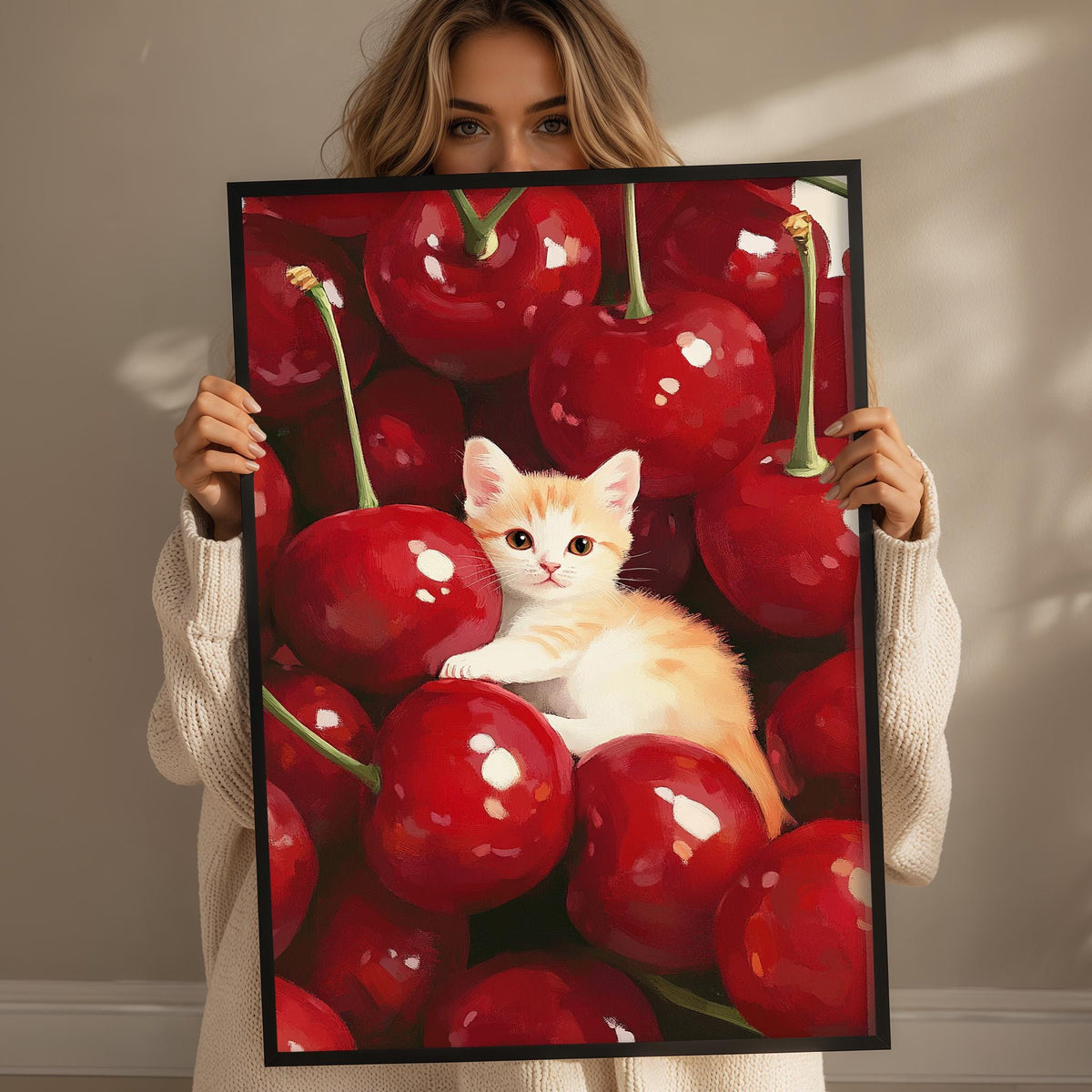 A woman holds up a framed painting of a small orange and white cat sitting among a pile of red cherries.
