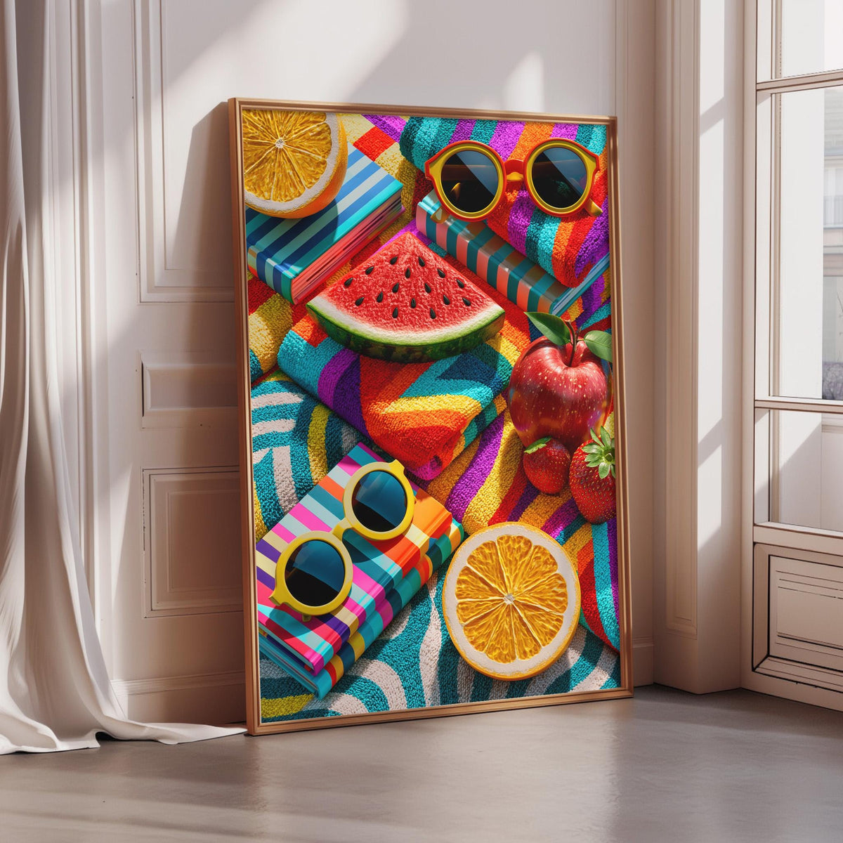 A vibrant and colorful collage of various fruits and sunglasses, including watermelon, strawberries, and sunglasses, arranged in a playful and whimsical manner.