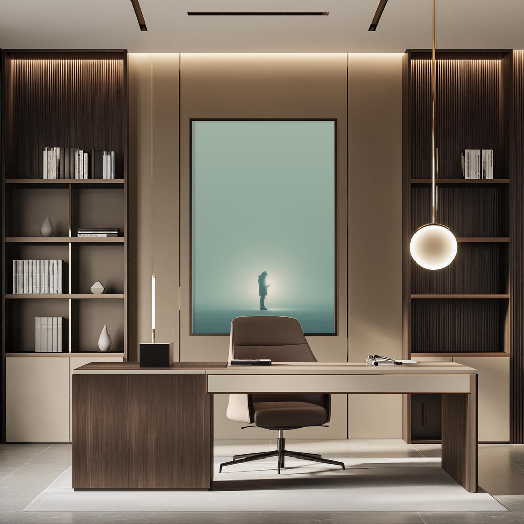 a modern and minimalist office space with a large desk, a comfortable chair, and a large window providing natural light. The room features built-in bookshelves, a large abstract painting, and a hanging light fixture, creating a stylish and functional workspace.