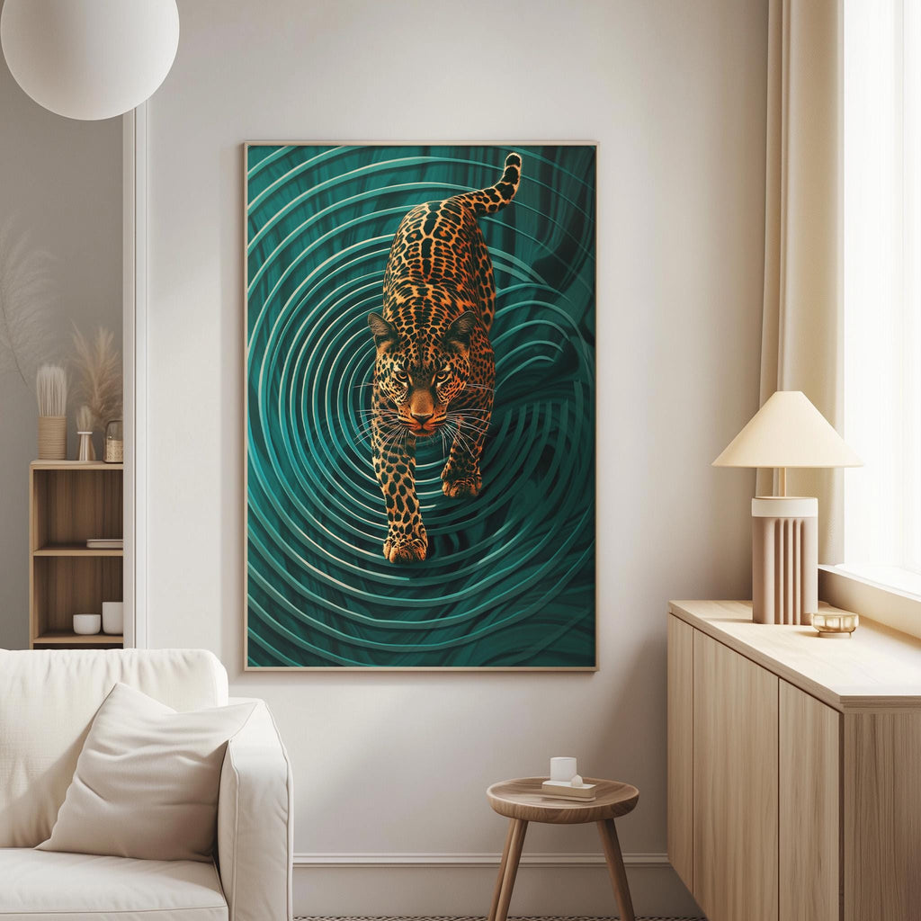 a large, vibrant painting of a leopard on a turquoise background, hanging on a wall in a modern living room setting.