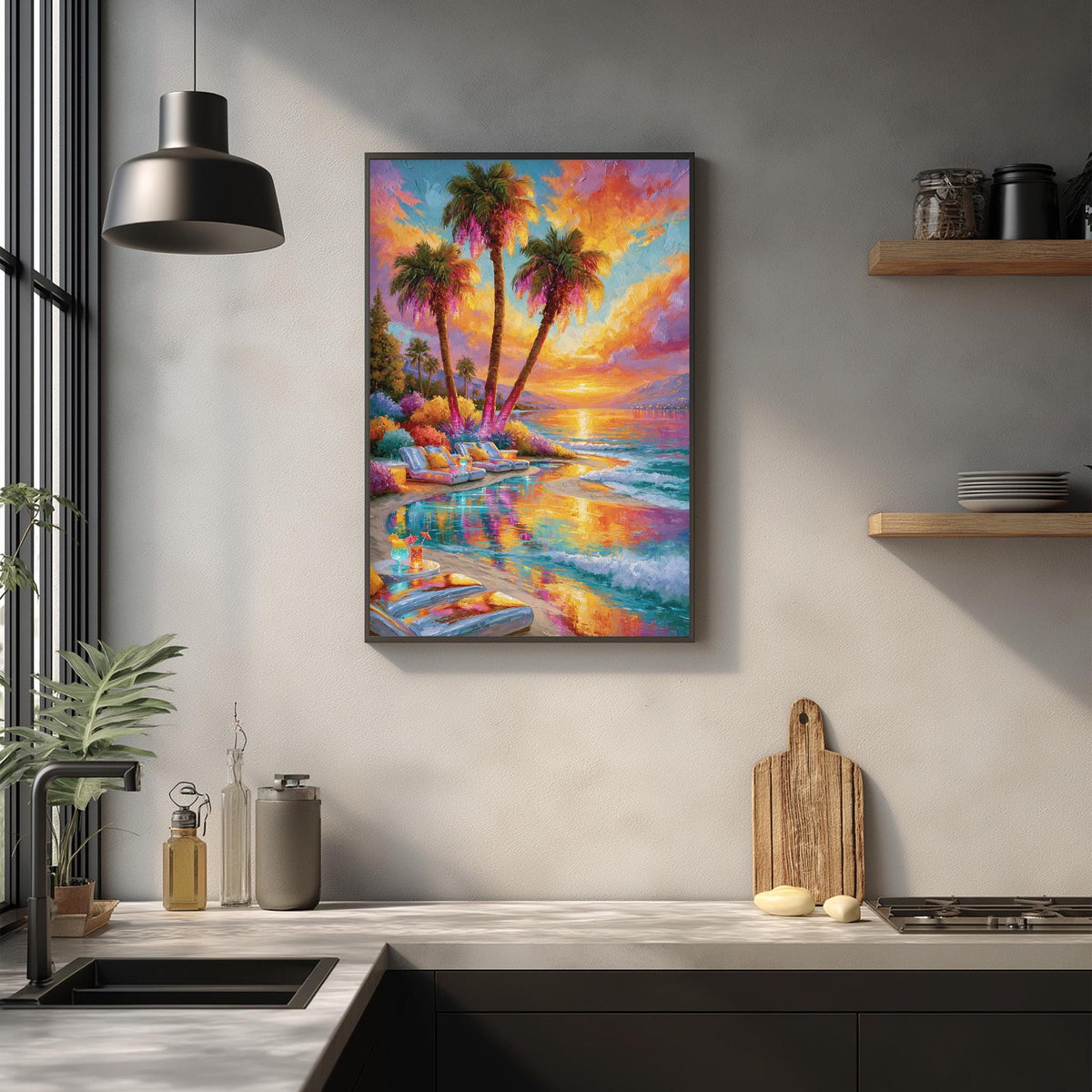 a vibrant painting of a tropical beach scene, with palm trees, a sunset, and a body of water reflecting the colorful sky. The painting is hung on a wall above a kitchen counter, which has various kitchen items such as a cutting board, a bottle, and a vase.