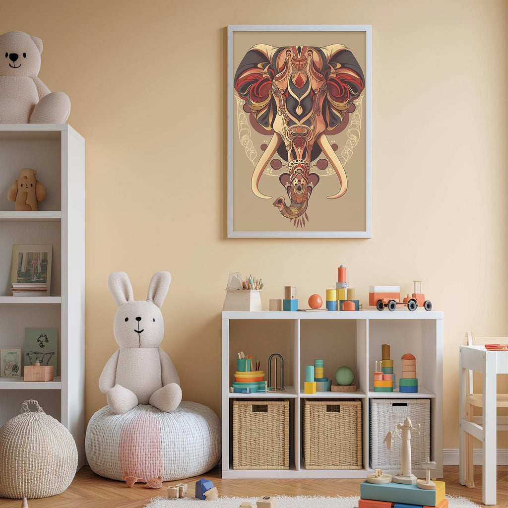 A child's bedroom with a large elephant-themed poster on the wall, a white bookshelf filled with toys, and a white bean bag chair.