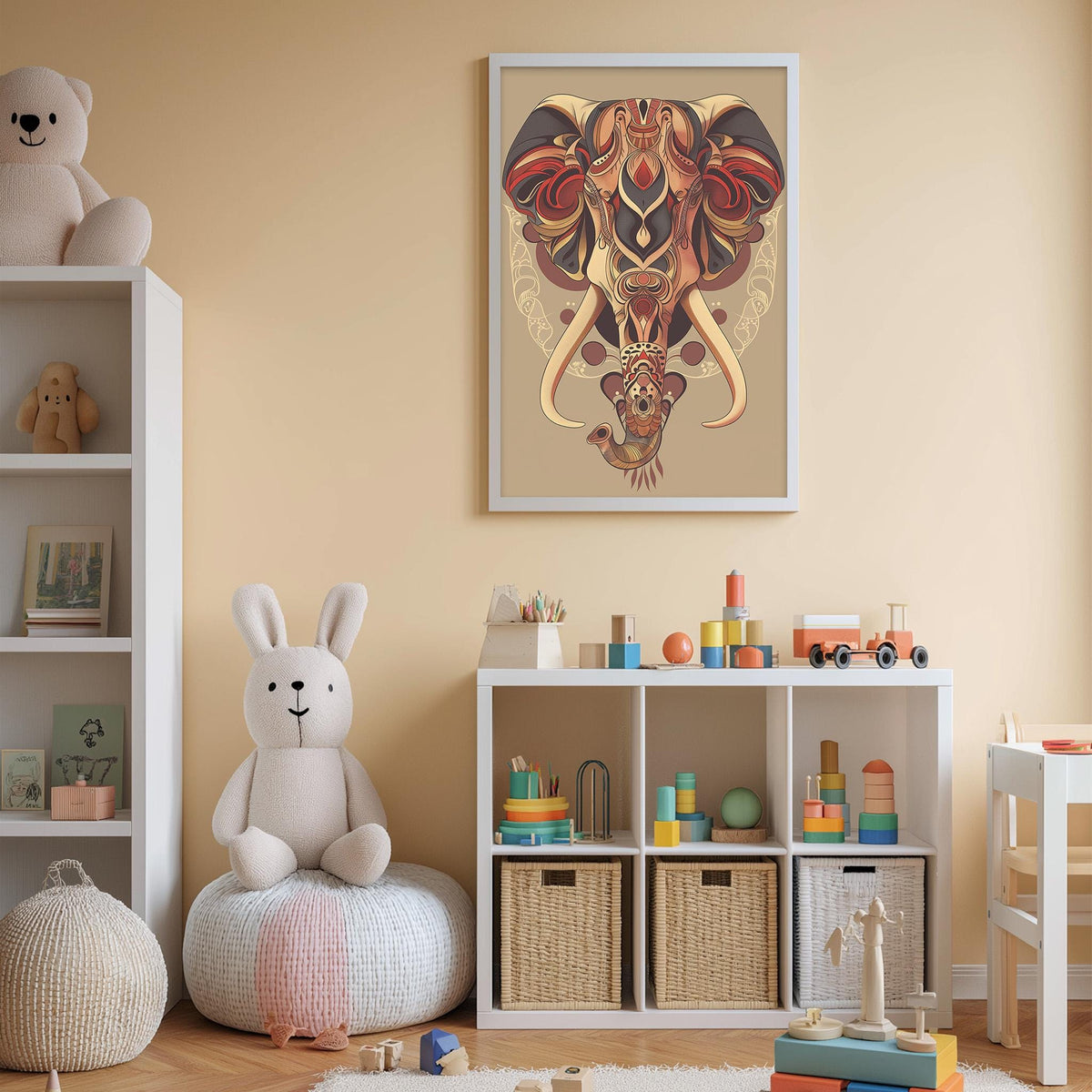 A child's bedroom with a large elephant-themed poster on the wall, a white bookshelf filled with toys, and a white bean bag chair.