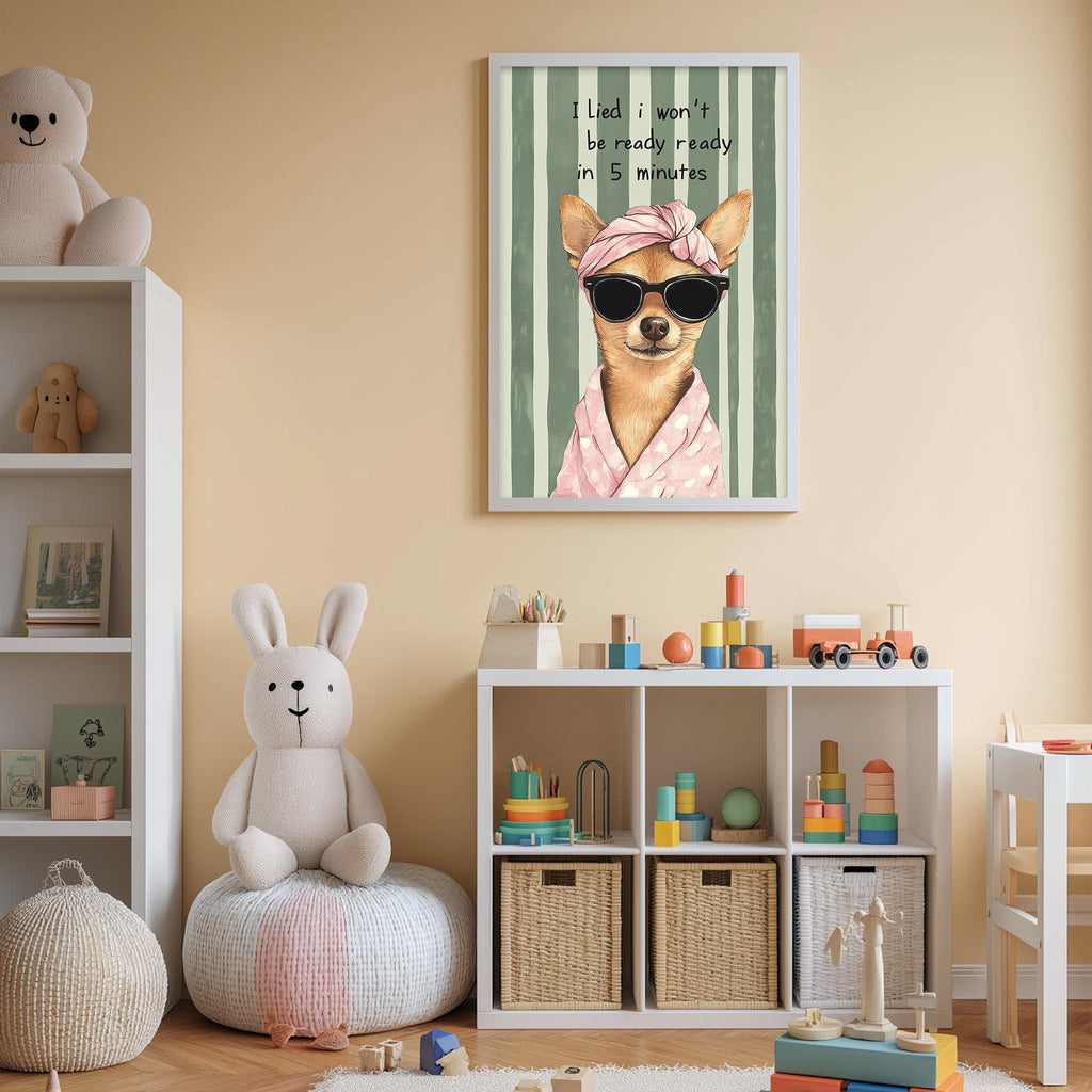 A child's bedroom with a stuffed rabbit, a framed poster of a dog wearing sunglasses, and a toy shelf filled with various toys.