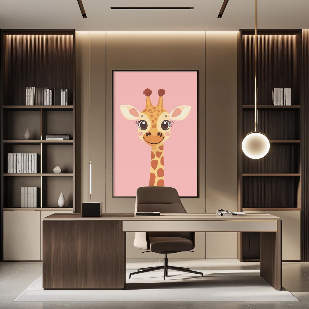 a modern office space with a large giraffe-themed artwork hanging on the wall above a desk with a chair.