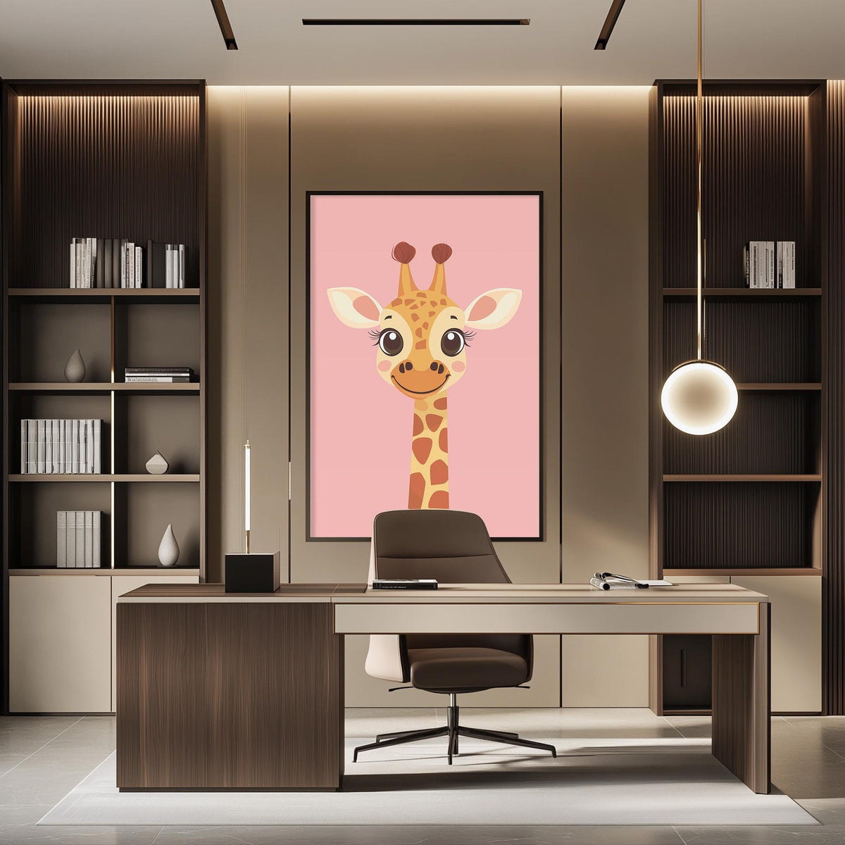 a modern office space with a large giraffe-themed artwork hanging on the wall above a desk with a chair.