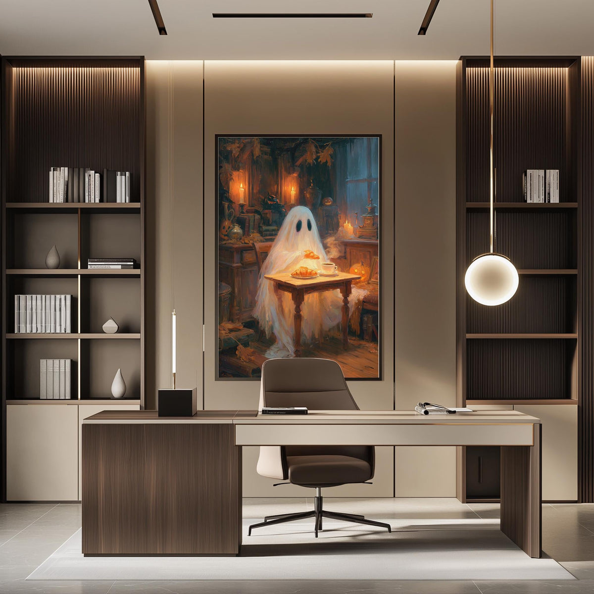 a modern office space with a large framed painting of a ghost sitting at a table with a plate of food in the center. The office has a wooden desk, a chair, and a bookshelf on either side of the desk. The overall design and decor create a sophisticated and stylish atmosphere.