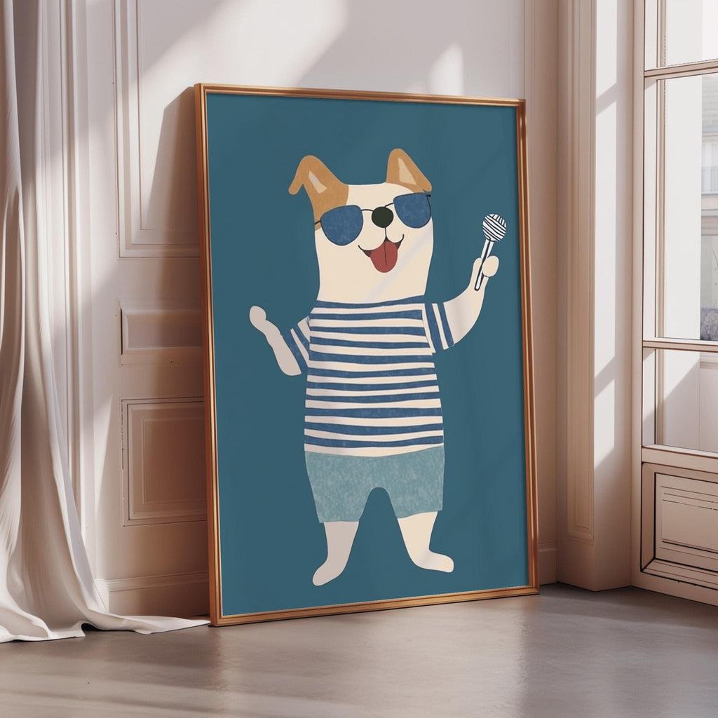 A framed illustration of a dog wearing sunglasses and a striped shirt, holding a microphone.
