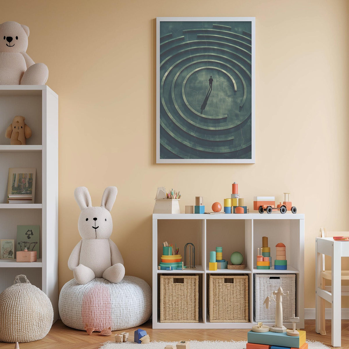 A cozy children's room with a large stuffed rabbit, a bookshelf, and a toy chest filled with toys. The walls are painted a light peach color, and there is a framed abstract art piece hanging on the wall.