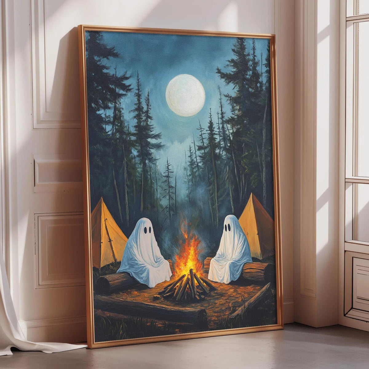 The image is a painting depicting two ghostly figures sitting by a campfire in a forest setting, with a full moon in the background.