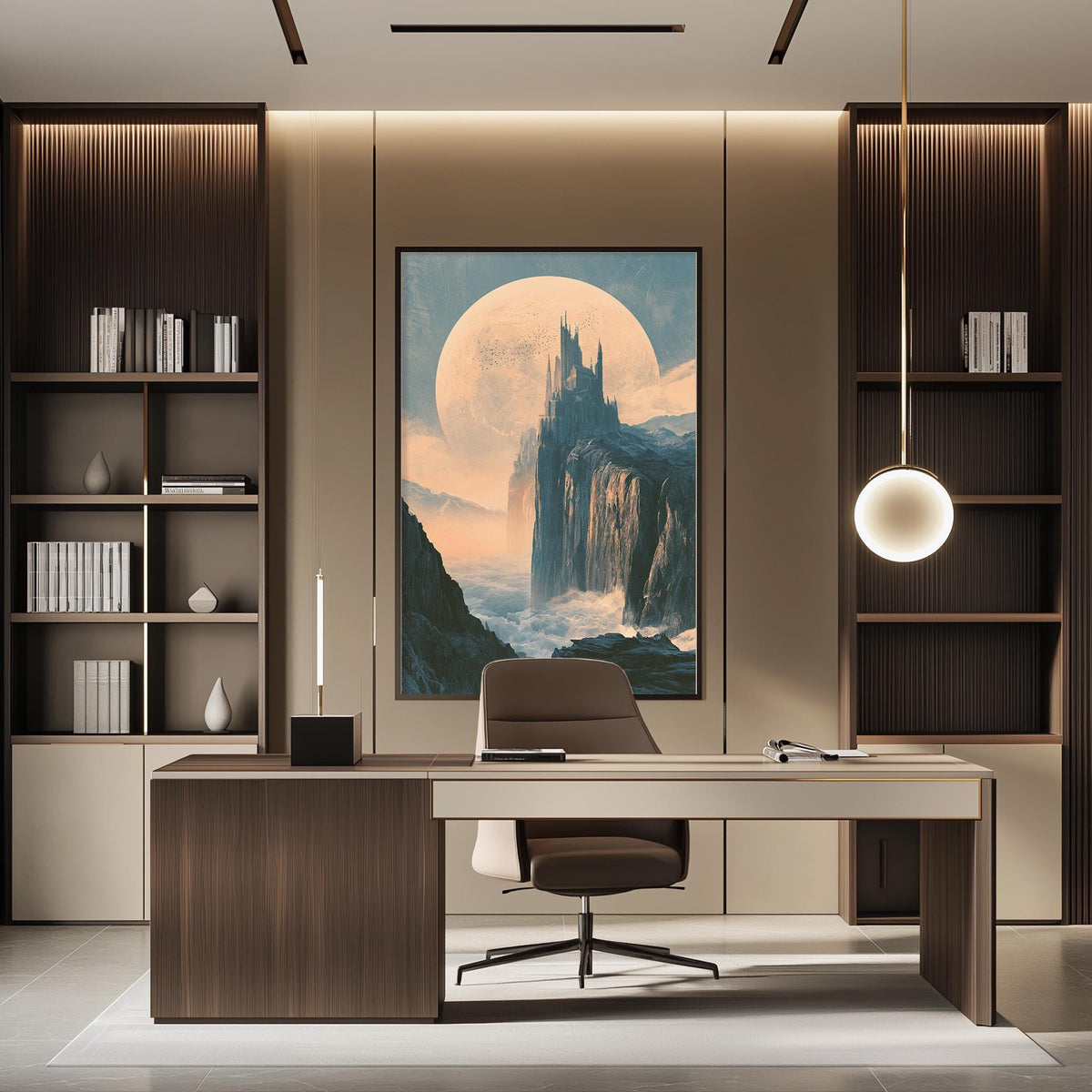 a modern office space with a large, colorful painting of a castle on the wall, a desk with a chair, and built-in bookshelves.