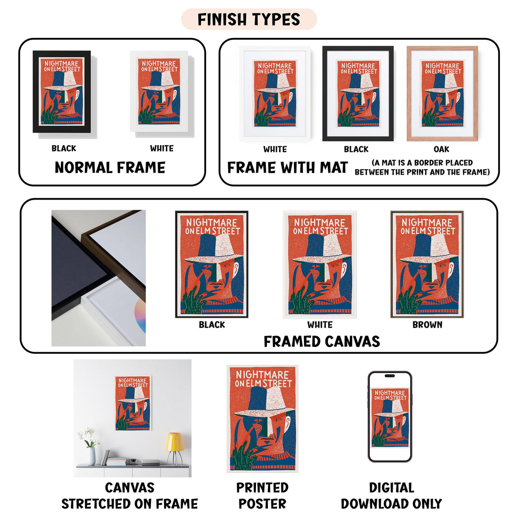 various images of a poster or artwork titled "Nightmare on Elm Street", including different frame types and finishes.