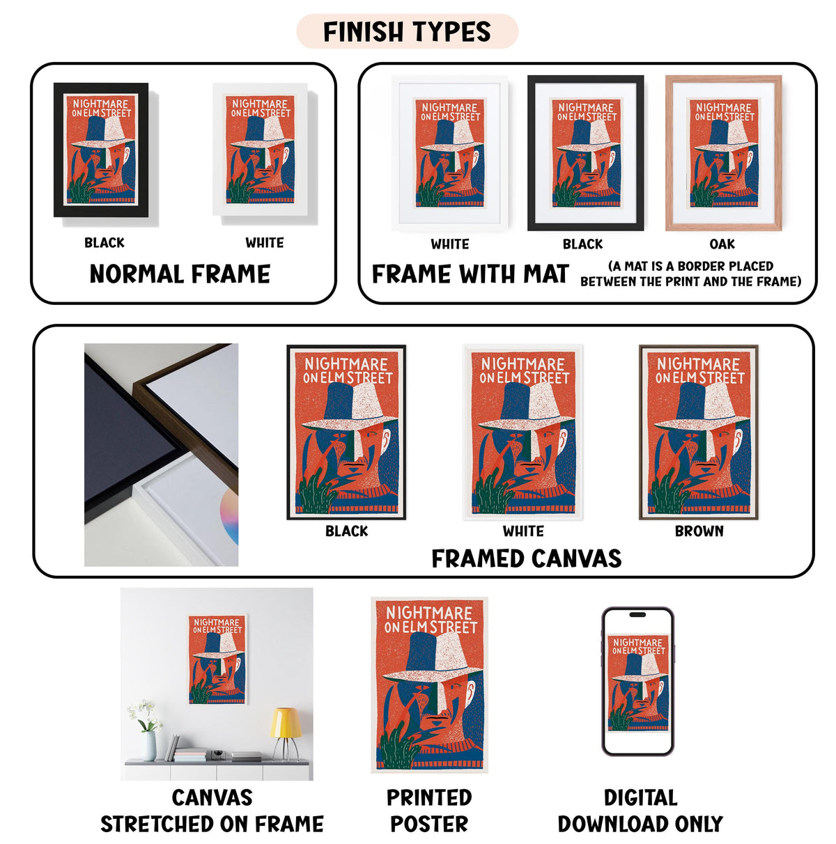 various images of a poster or artwork titled "Nightmare on Elm Street", including different frame types and finishes.