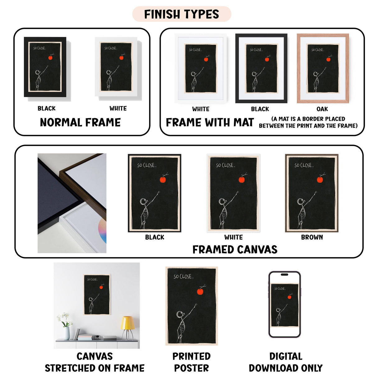 various finish types for artwork, including a black and white, white, black, oak, and framed canvas. It also features a digital download of a poster and a printed poster.