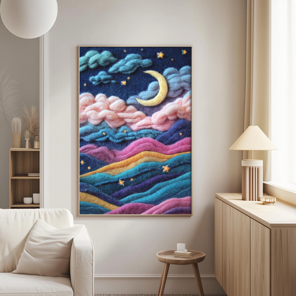 a large, colorful, and detailed painting of a night sky with clouds, stars, and a crescent moon hanging on a wall in a living room.
