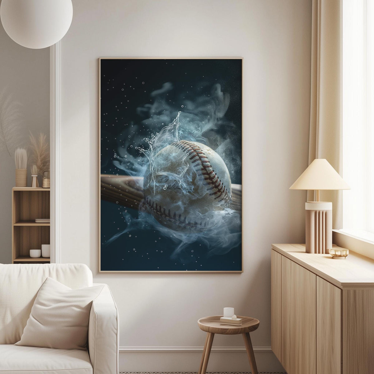 a large framed painting of a baseball in mid-air, surrounded by a swirling mist, creating a dramatic and visually striking scene.