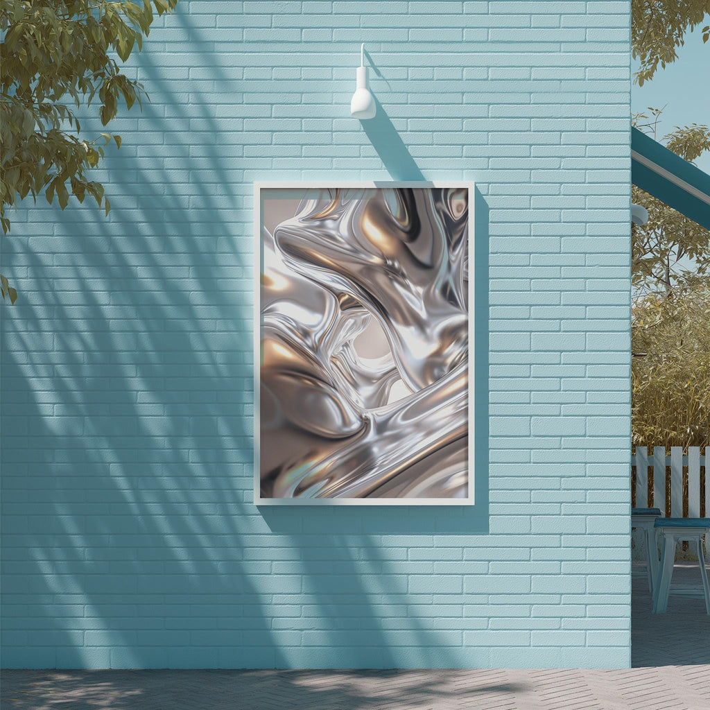 a blue brick wall with a framed abstract artwork hanging on it. The artwork has a metallic, shiny texture that creates a visually striking contrast against the blue wall.