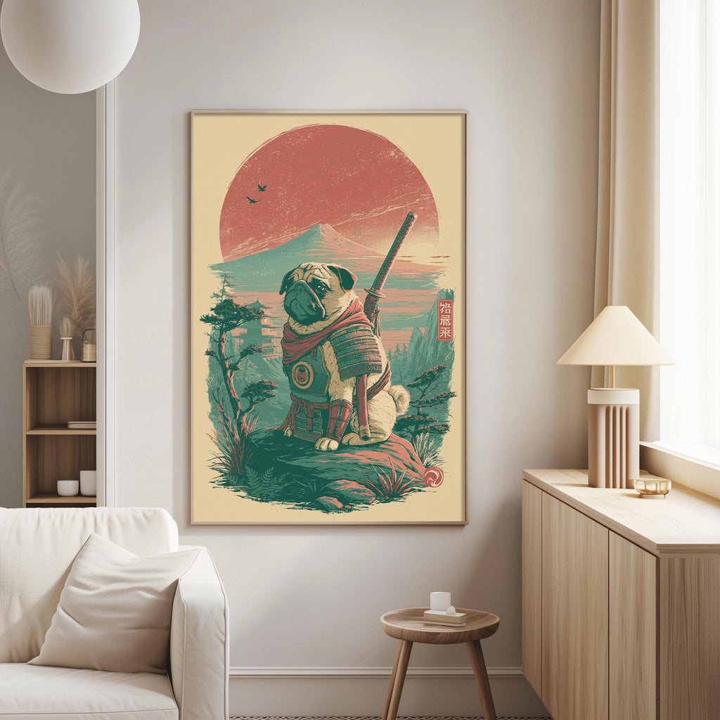a large poster of a pug dog wearing a warrior-like outfit, sitting on a rock and holding a sword, set against a colorful landscape with a red sun and mountains in the background.