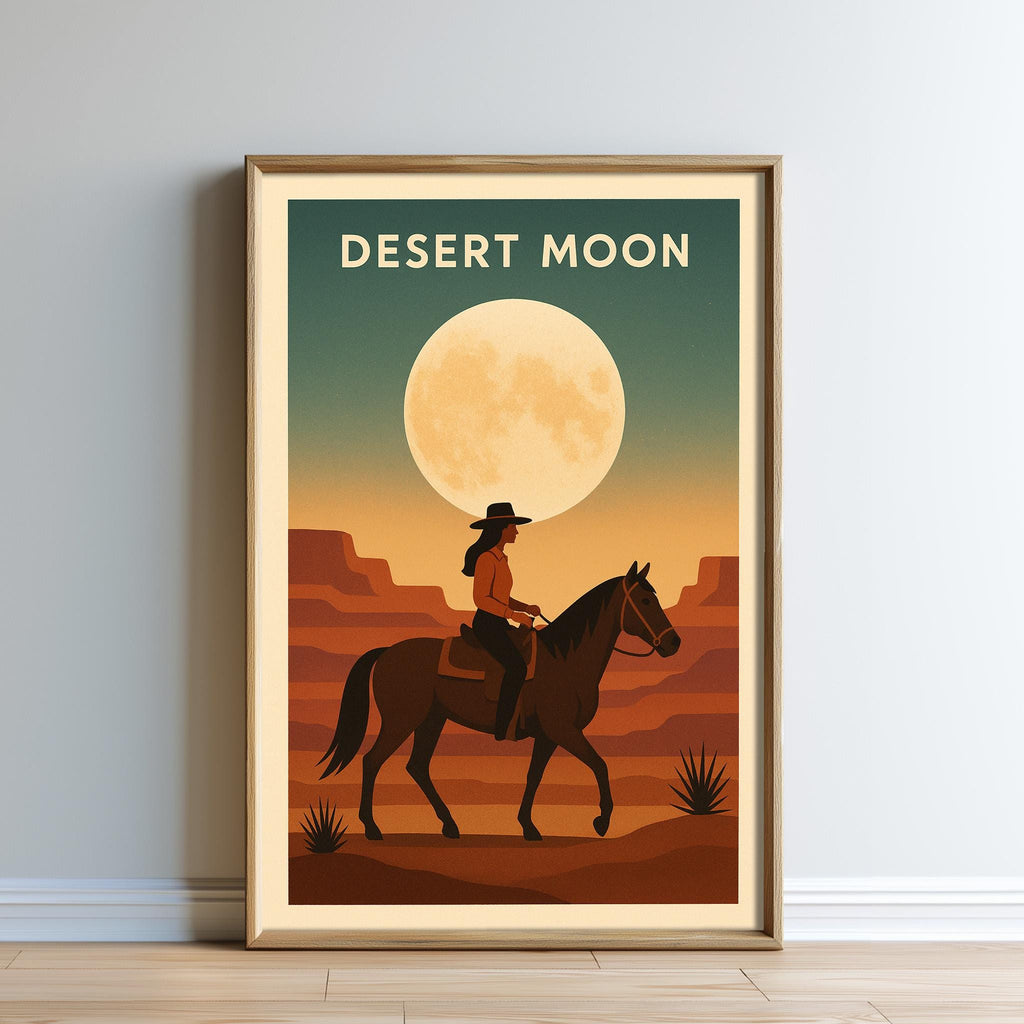 The image is a framed poster depicting a cowboy riding a horse in a desert landscape with a large moon in the sky.