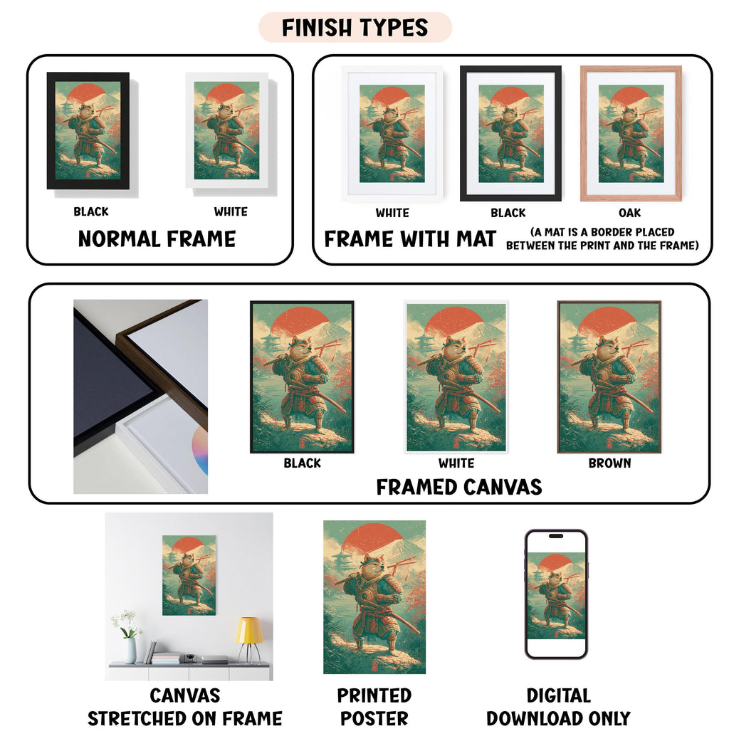 various types of artwork, including framed prints, canvas prints, and digital versions, each with different finishes and mat placements.
