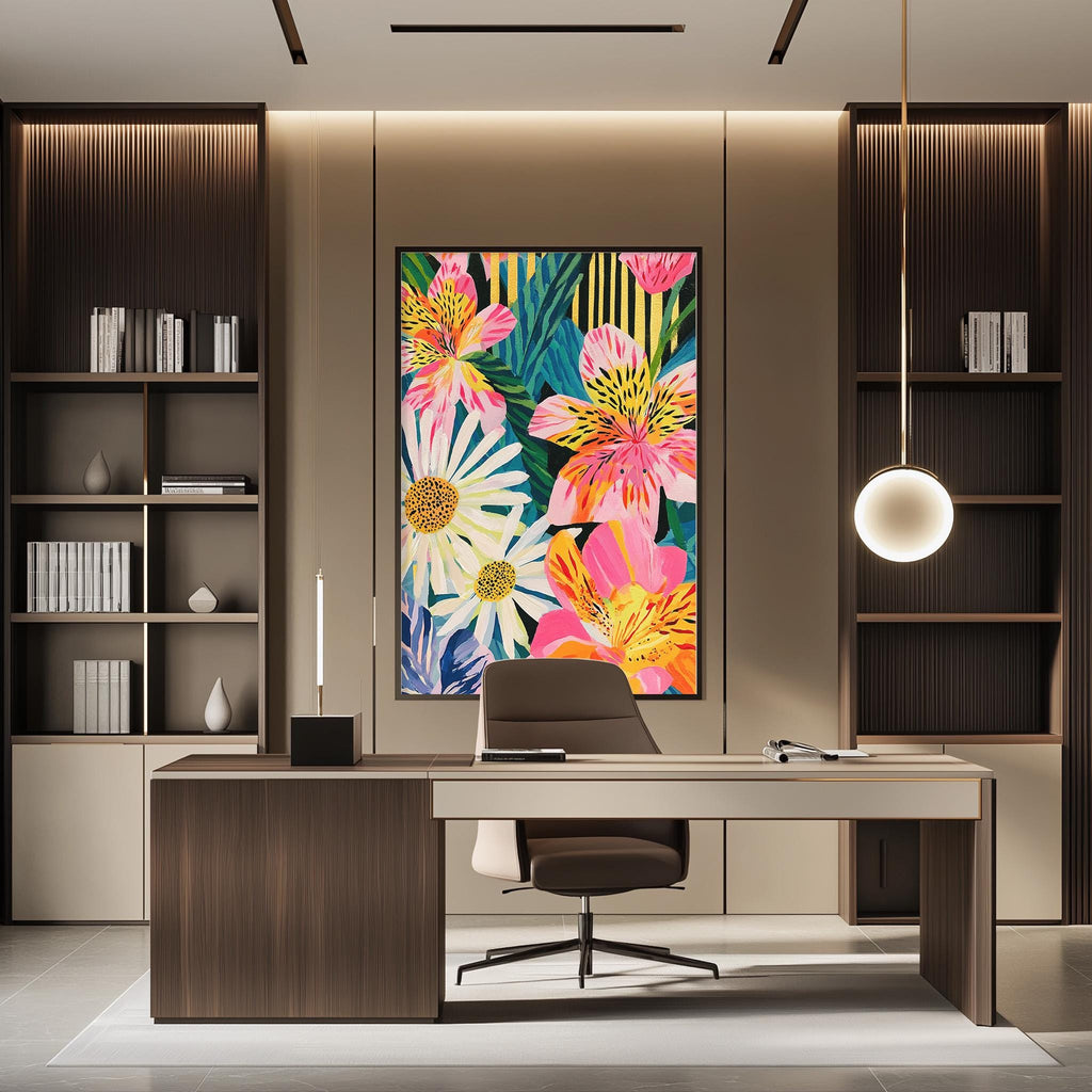a modern and stylish office space with a large, colorful painting of flowers on the wall behind a desk. The desk is positioned in front of the painting, creating a focal point in the room. The office also features built-in bookshelves and a pendant light, contributing to the overall contemporary design.