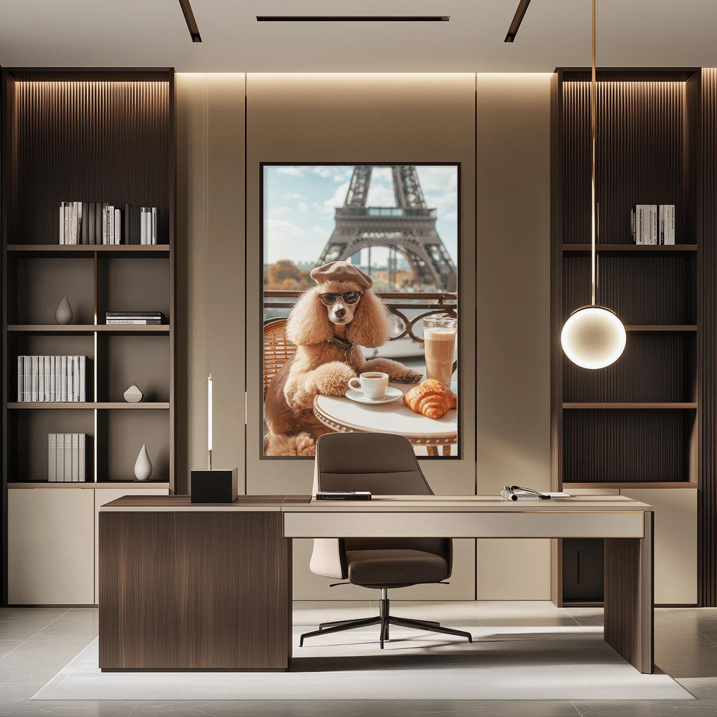 a modern office space with a large framed picture of a poodle sitting at a table with a coffee cup and croissant in front of it, with the Eiffel Tower visible in the background.