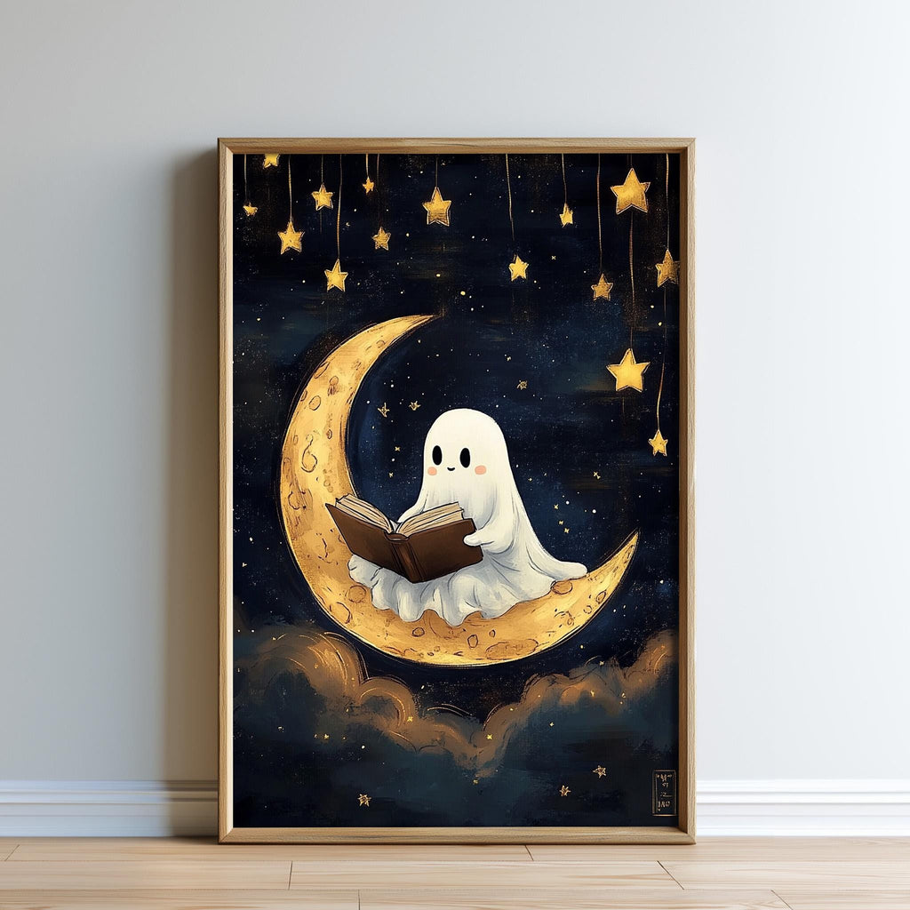 A framed illustration depicting a ghost-like figure sitting on a crescent moon, reading a book, with stars and a crescent moon in the background.