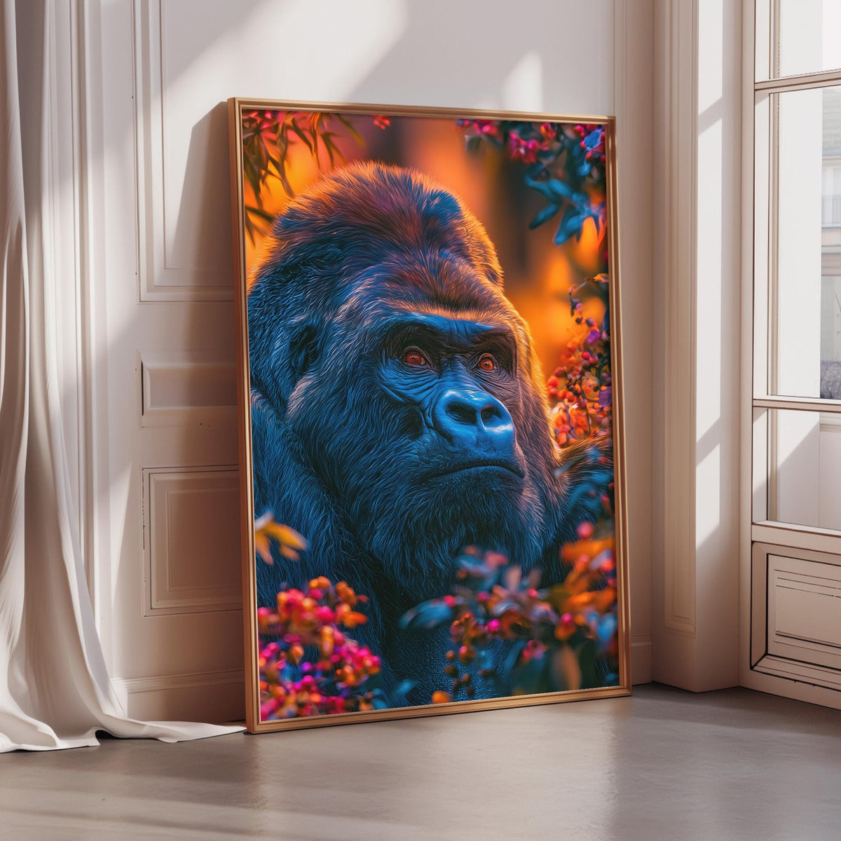 A large framed painting depicting a close-up of a gorilla's face surrounded by vibrant, colorful foliage.