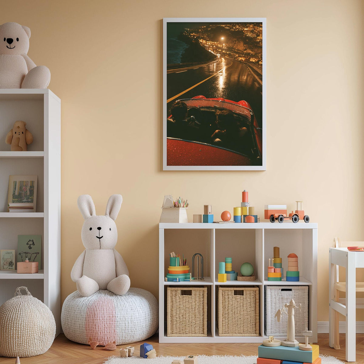 A cozy children's room with a white bookshelf, a plush rabbit, and a colorful toy box filled with toys. A framed picture of a car on the wall adds a touch of whimsy to the space.