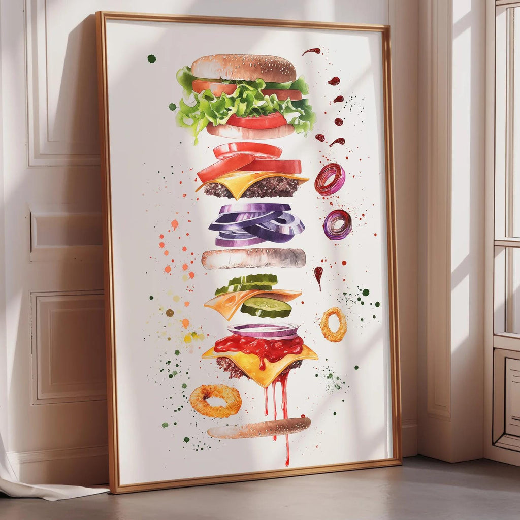 A framed watercolor painting depicting a large, multi-layered burger with various toppings and condiments.