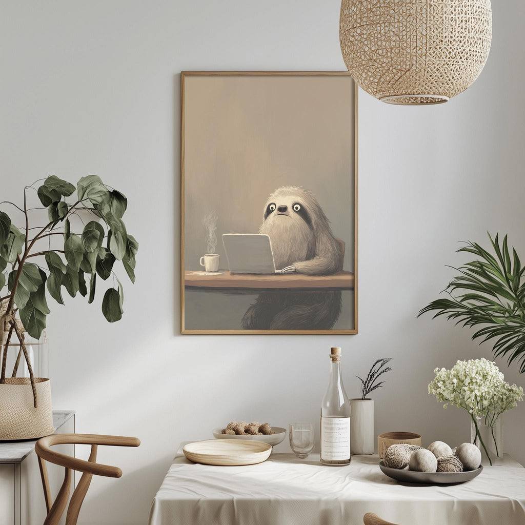 a cozy dining area with a table set for two, a potted plant, a hanging lamp, and a framed painting of a sloth using a laptop.