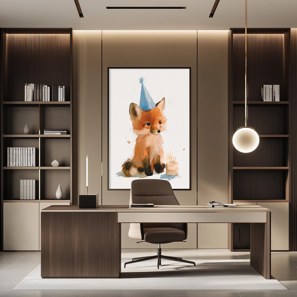 a modern office space with a desk, chair, and bookshelves. A framed watercolor painting of a fox wearing a party hat is hanging on the wall above the desk.