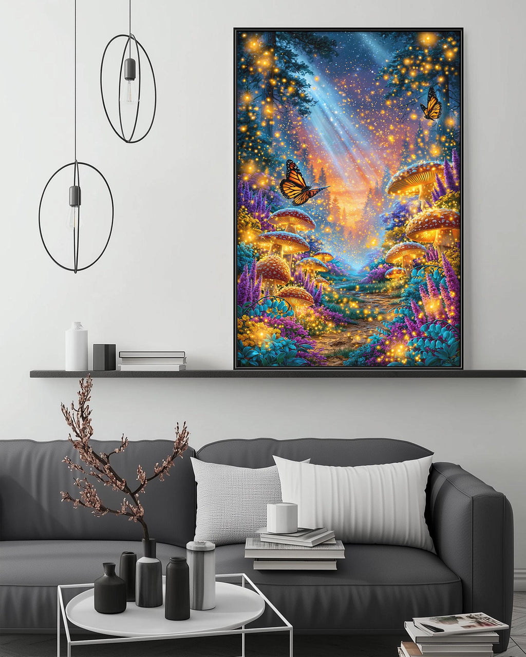 a large, colorful painting of a fantastical forest scene hanging on a wall above a gray couch in a living room setting.