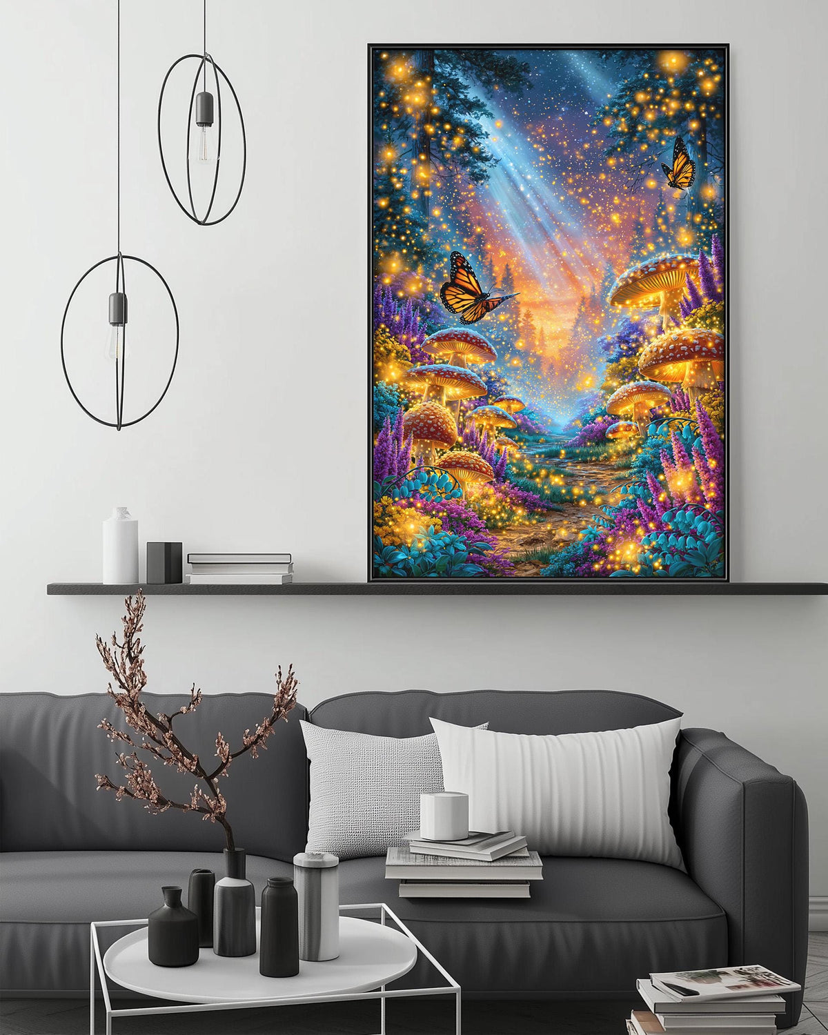 a large, colorful painting of a fantastical forest scene hanging on a wall above a gray couch in a living room setting.