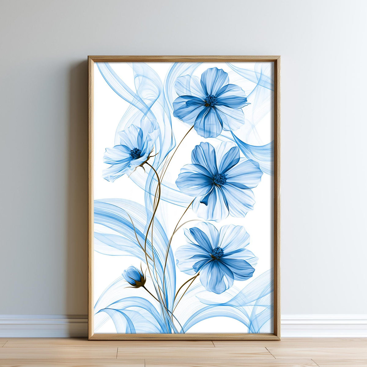a framed artwork of blue flowers against a white background.