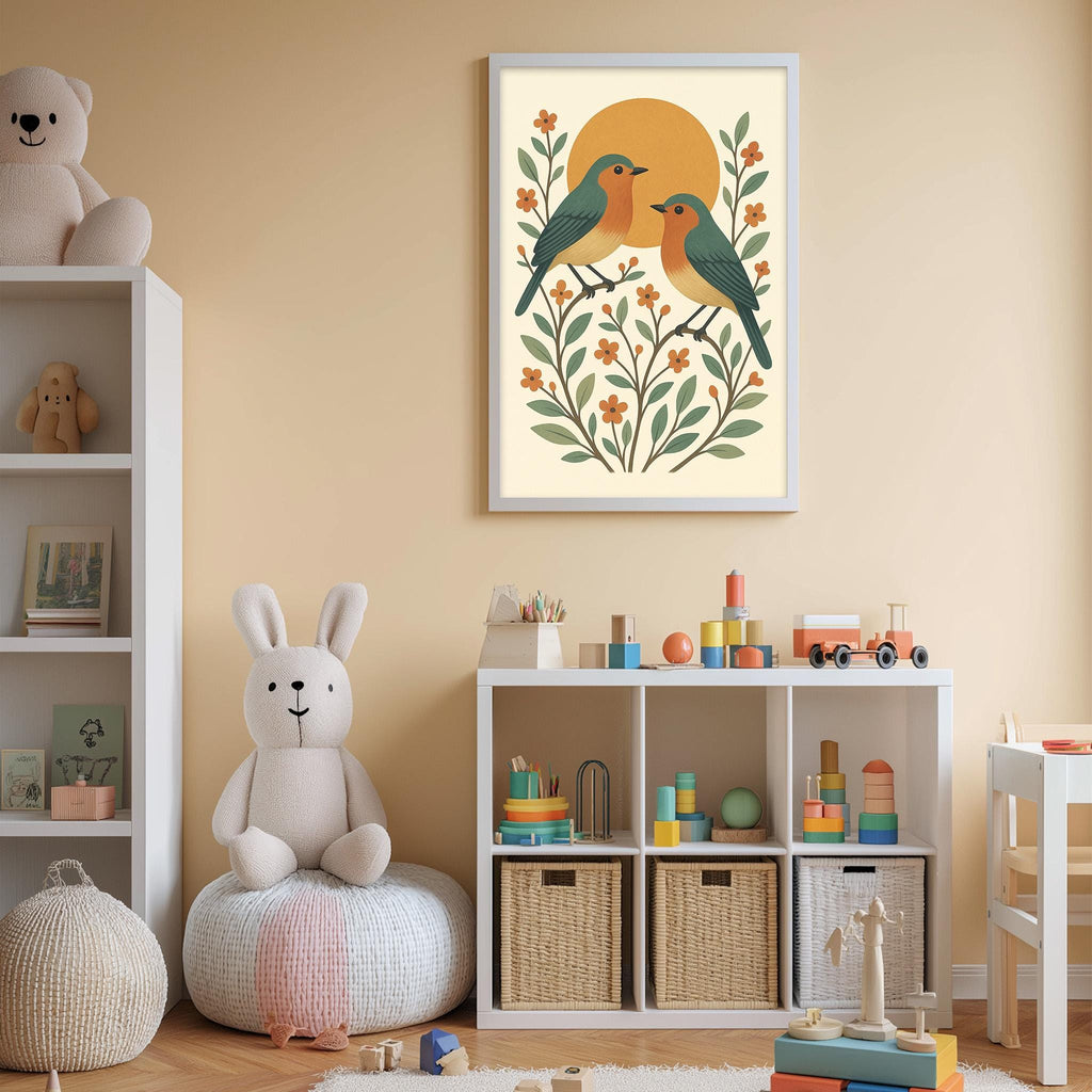 A cozy children's room with a white bookshelf, a plush rabbit, and a colorful toy set. The room has a warm, inviting atmosphere with a framed illustration of two birds perched on a flower-filled branch above a shelf.