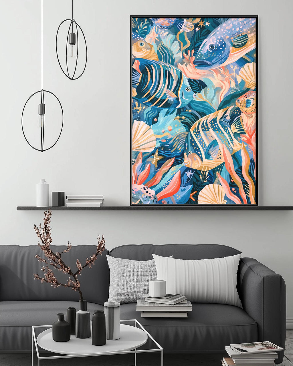a modern living room with a gray sofa, a coffee table, and a large abstract painting hanging on the wall above the sofa.