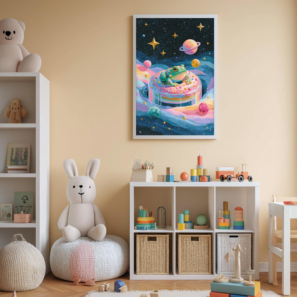A child's bedroom with a large stuffed rabbit, a bookshelf filled with toys, and a colorful poster of a frog on a cake hanging on the wall.