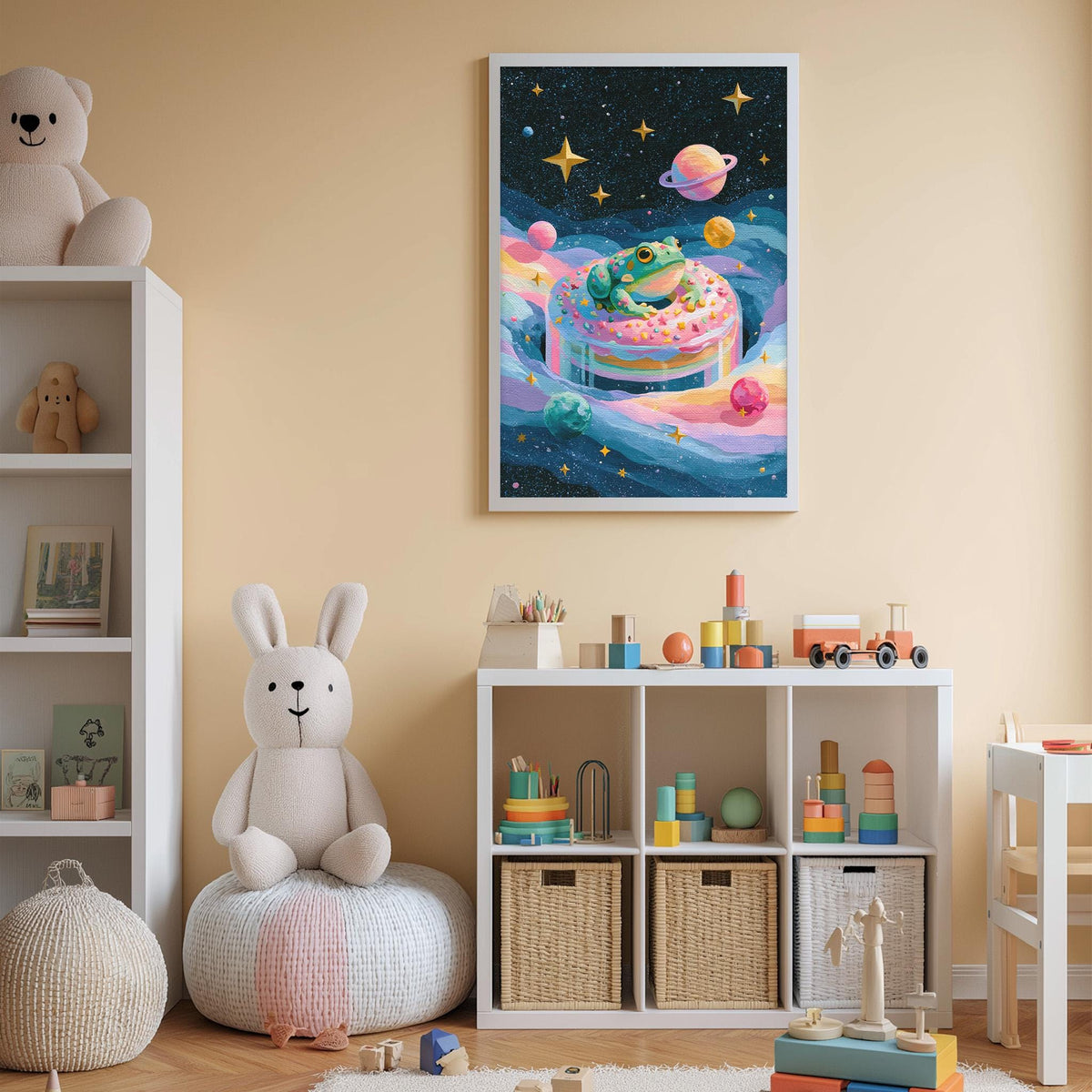 A child's bedroom with a large stuffed rabbit, a bookshelf filled with toys, and a colorful poster of a frog on a cake hanging on the wall.