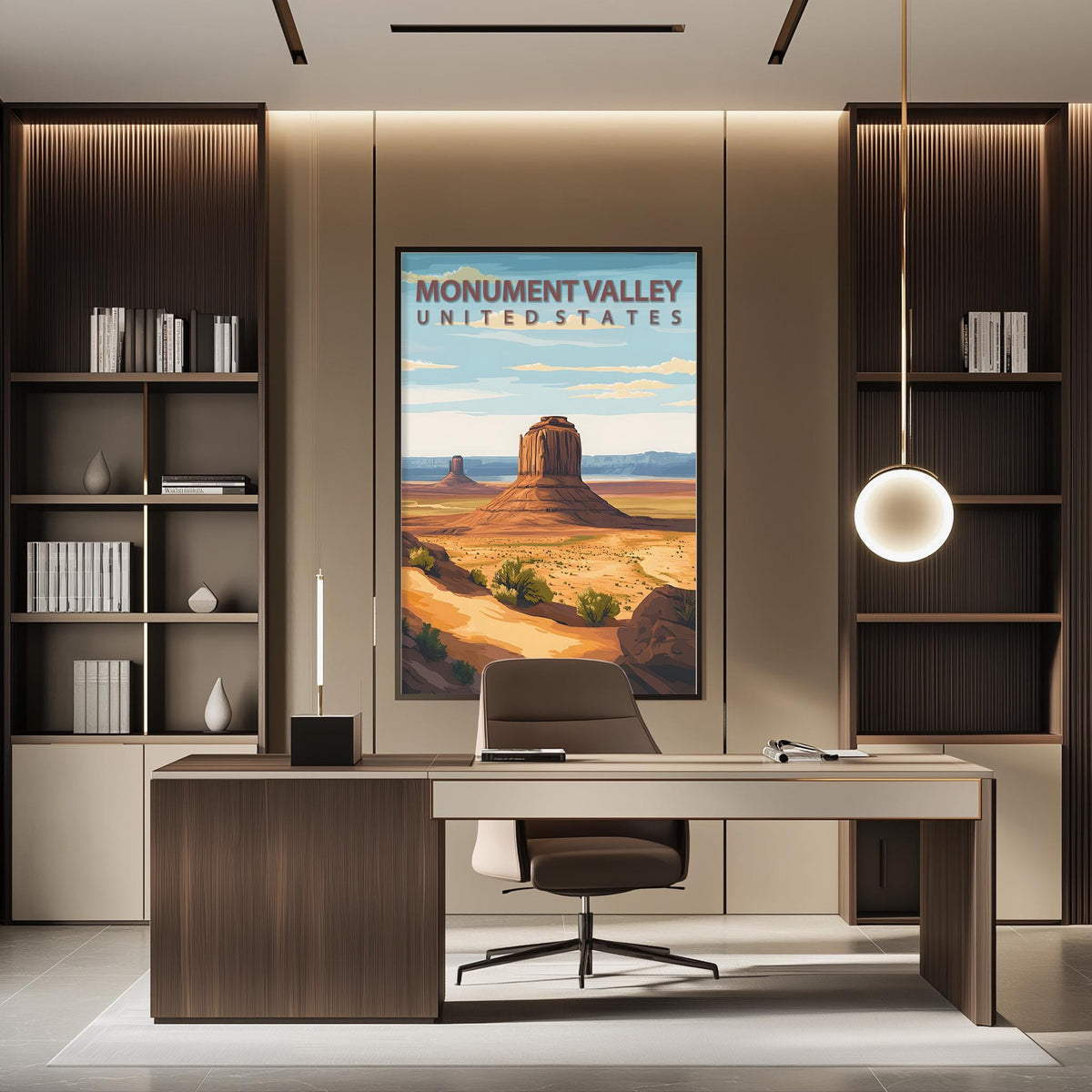 a modern office space with a large framed poster of Monument Valley, a desert landscape, hanging on the wall above a desk with a chair.
