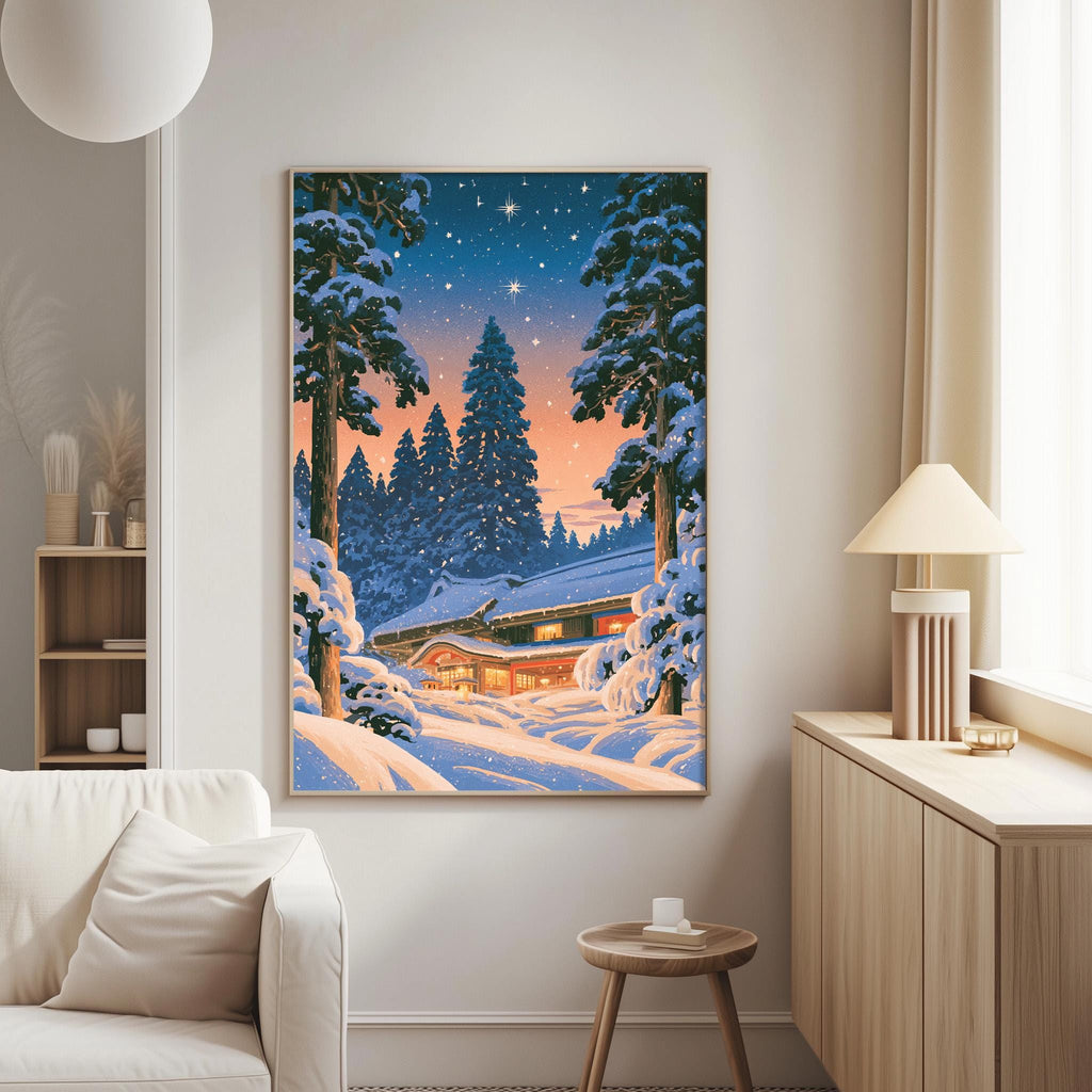 a cozy living room with a large, vibrant painting of a snowy mountain landscape hanging on the wall. The painting features a cabin nestled among the trees, with a warm glow from the windows illuminating the scene. The room is furnished with a white sofa and a wooden side table, creating a harmonious and inviting atmosphere.