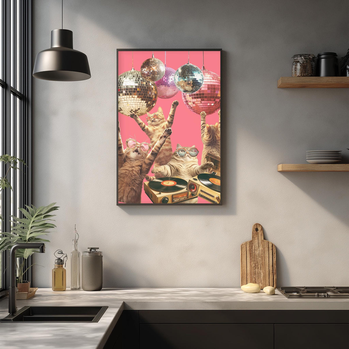 a vibrant and whimsical collage of cats dancing and playing with disco balls, creating a lively and playful atmosphere.