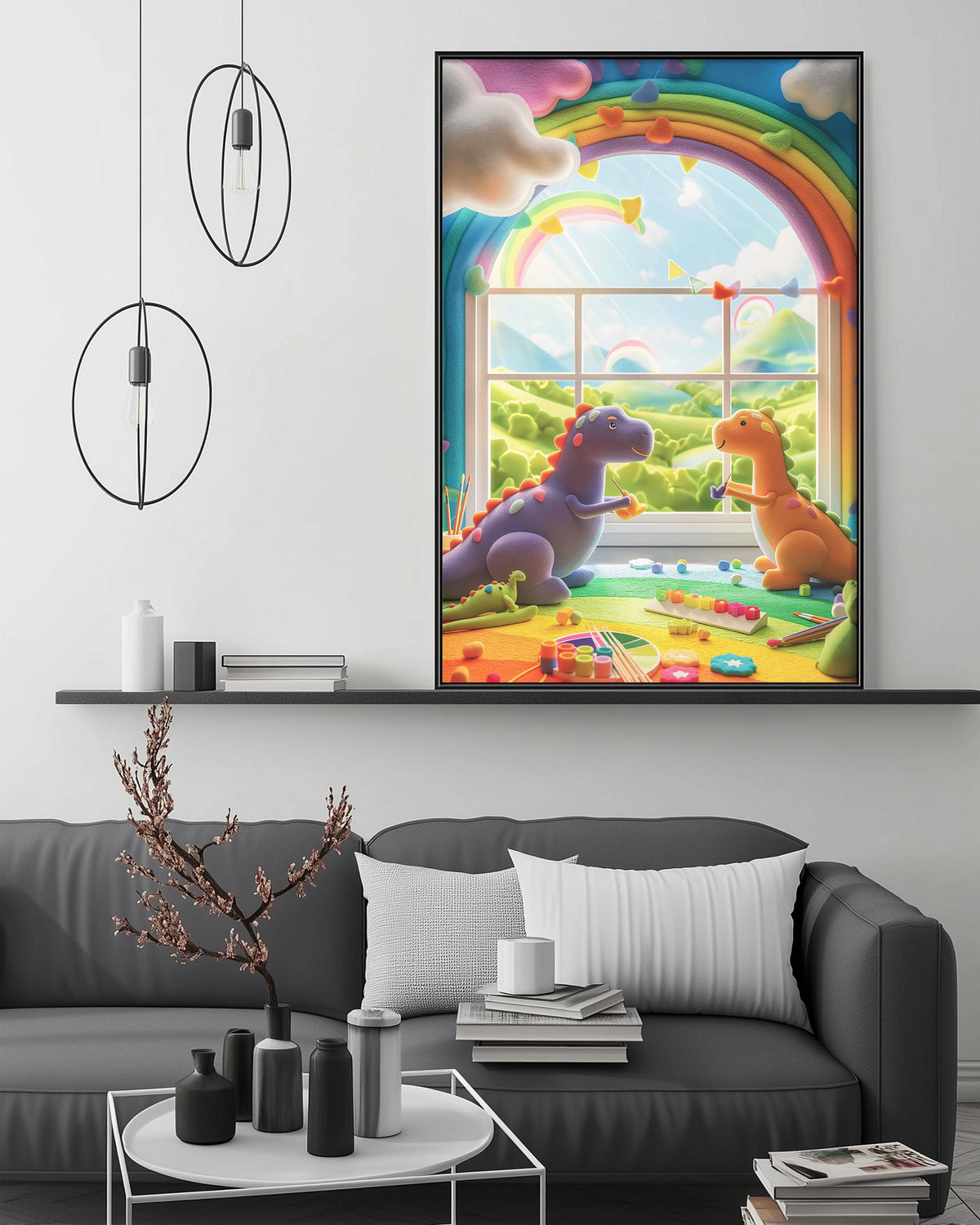 a cozy living room with a gray couch, a coffee table, and a large framed poster of a whimsical scene with two dinosaurs, a rainbow, and a bird.