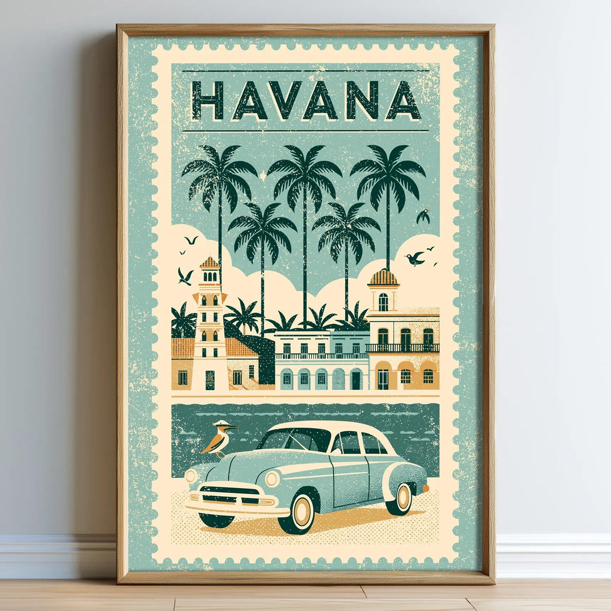 The image is a framed poster depicting a vintage car and palm trees, with the word "HAVANA" prominently displayed.