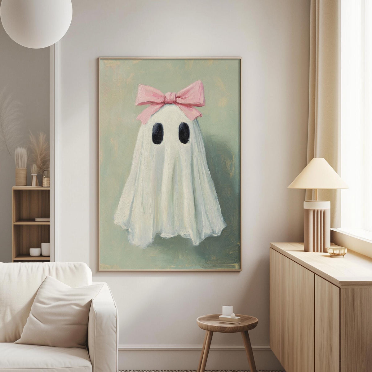 a living room with a white couch, a wooden side table, and a framed painting of a ghost with a pink bow on its head.