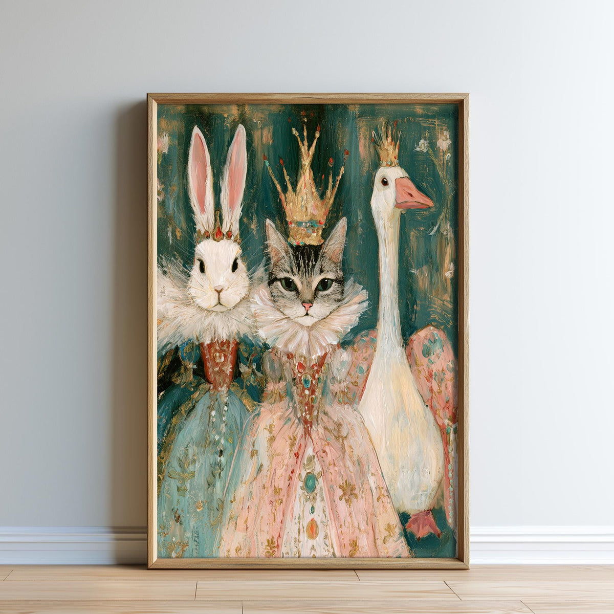 A framed painting depicting a whimsical scene with a rabbit, a cat, and a duck, all wearing elaborate costumes and crowns.