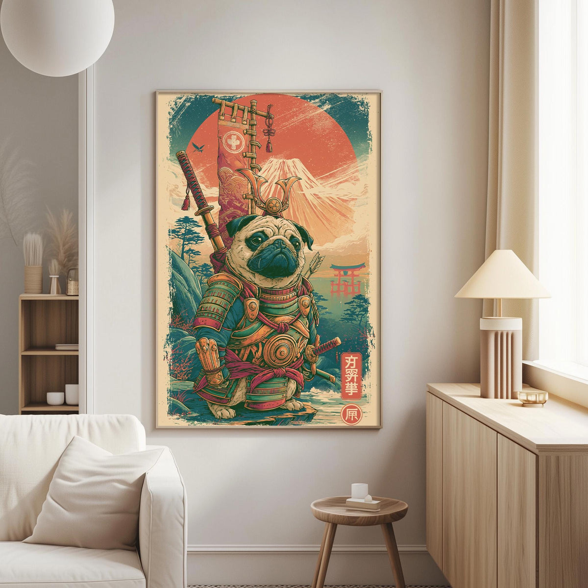 a large, colorful poster of a pug wearing a warrior-like costume, complete with a sword and shield, set against a backdrop of a mountain and a red and orange sunset.