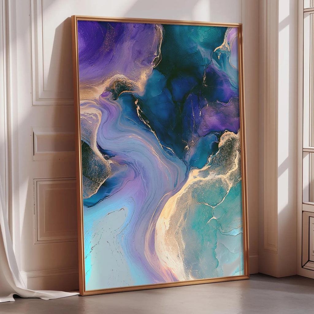 a large abstract painting with vibrant colors and swirling patterns, displayed in a gold frame on a white wall.
